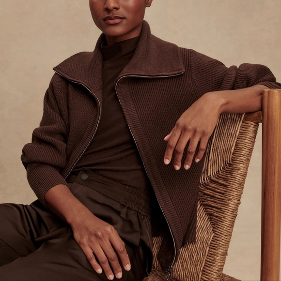 Varley Jackets & Blazers - Varley Enrico Zip-through Ribbed Knit Jacket Coffee Bean Relaxed